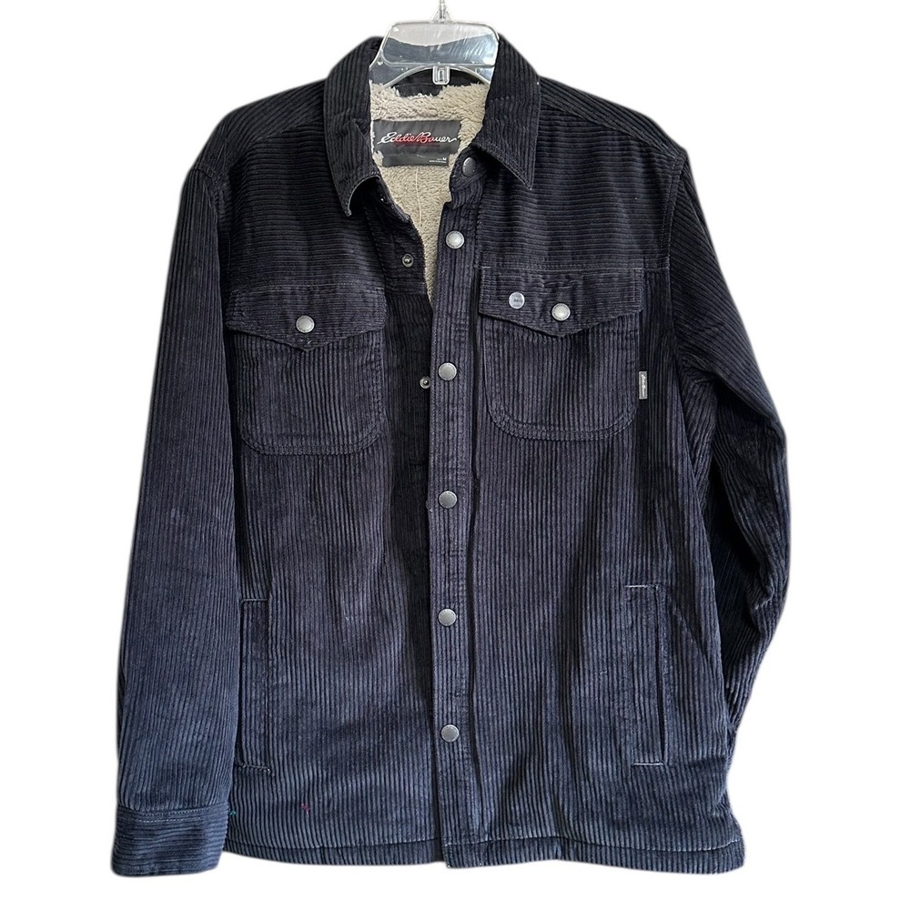 Eddie Bauer Men Black Corduroy Sherpa Lined Shirt Jacket Shacket M Gorpcore NWOT - Picture 1 of 11